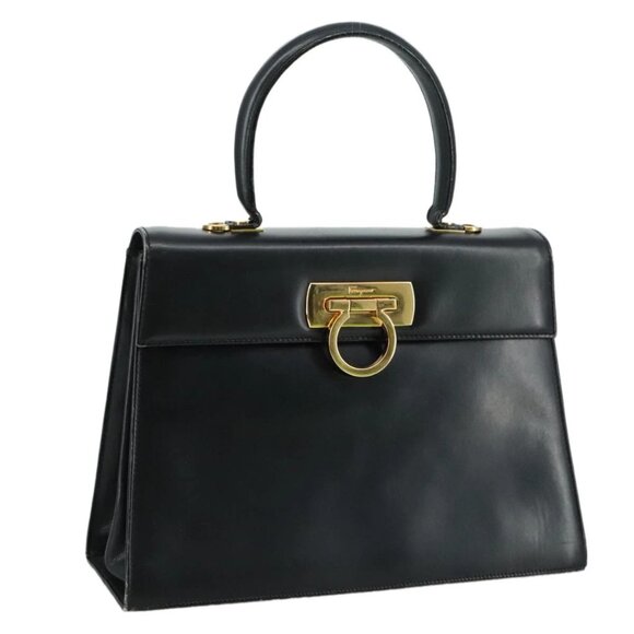 Salvatore Ferragamo Gancini Hand Bag Leather Black Gold - Picture 1 of 16